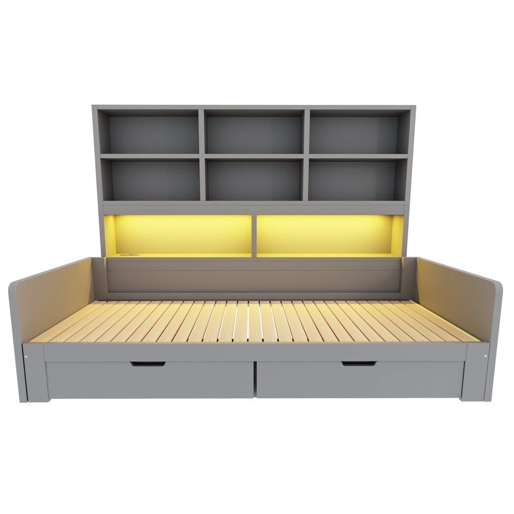 Letto divano estensibile 90x200/180x200 cm con LED; USB; cassetti e ripiani aperti; legno grigio