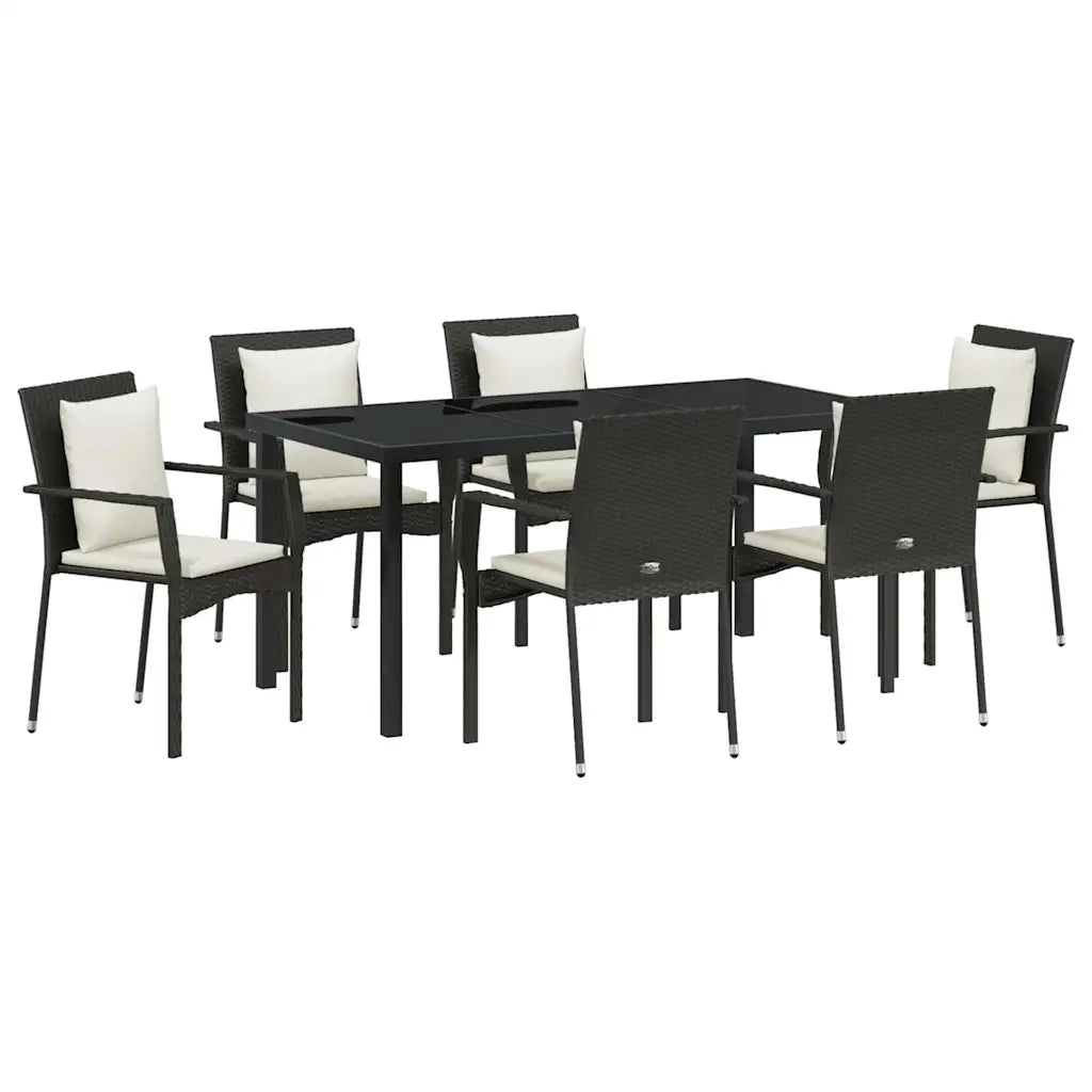 Set da Pranzo per Giardino con cuscino 7 pcs Nero polyrattan