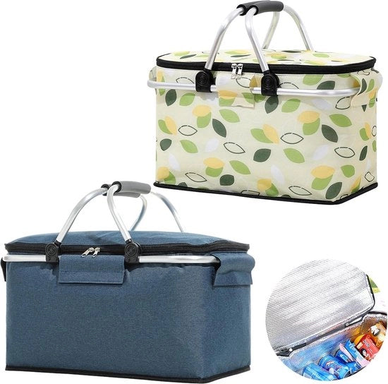 Borsa da picnic pieghevole con contenitore e termos - 18 Litri - Coperchio e maniglia di trasporto - Foglie verdi