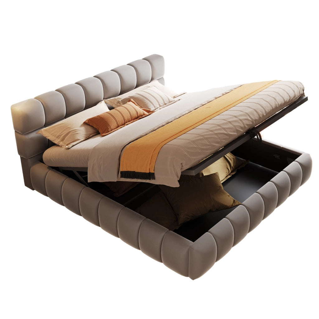 OKWISH Letto Contenitore 140×200 cm, Letto Matrimoniale con Contenitore Idraulico e Testiera Imbottita, senza Materasso, in Velluto, Grigio