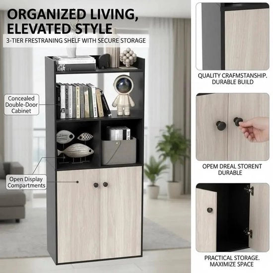 Pannelli libreria a tre livelli con cassetti aperti, porta doppia, nero
