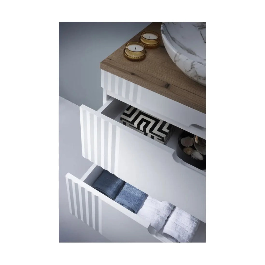 Set FIDJI: mobile sottolavabo 120cm + piano per lavabo + 2 lavabi da appoggio asimmetrici effetto marmo + piedi