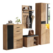 Mobili d'Ingresso con Armadio; Scarpiera; Panca e Appendiabiti; Specchio; Stile Moderno; in Pannello Truciolare; Naturale+Nero; 215×36×190 cm