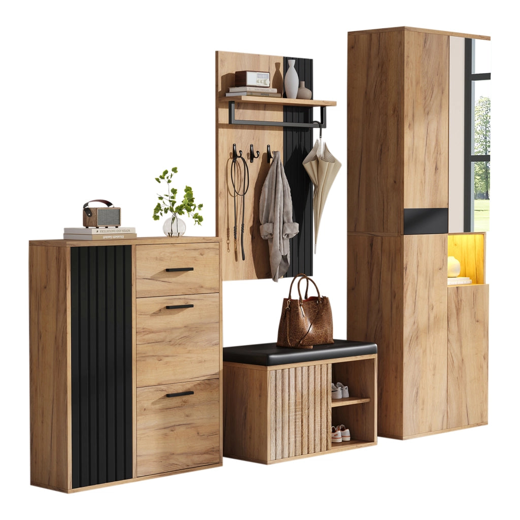 Mobili d'Ingresso con Armadio; Scarpiera; Panca e Appendiabiti; Specchio; Stile Moderno; in Pannello Truciolare; Naturale+Nero; 215×36×190 cm