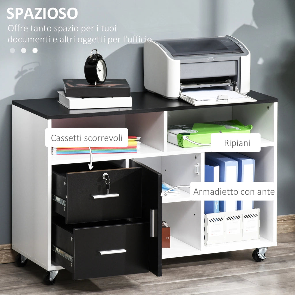 Mobile Porta Stampante con Cassetti, Mobiletto Multiuso per Ufficio e Casa, Nero e Bianco, 100x35x65cm