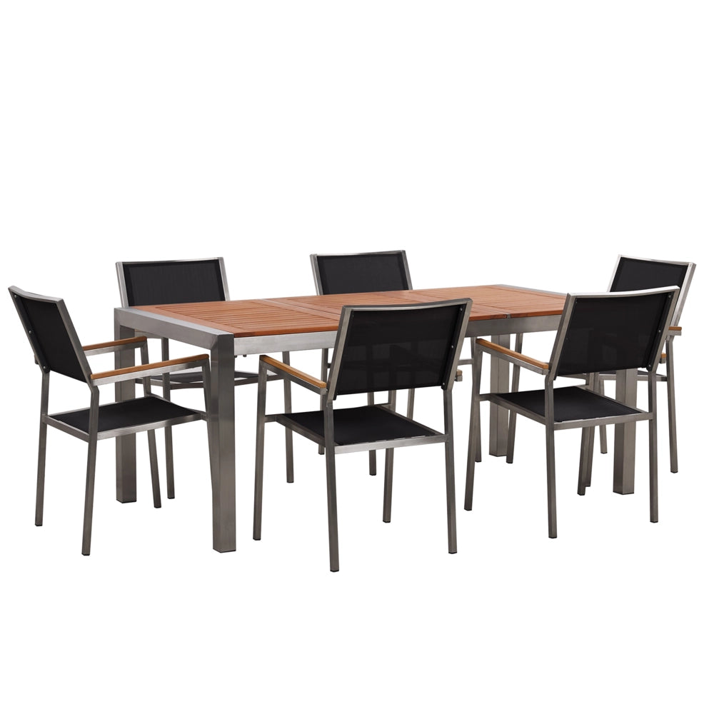 Set da pranzo da giardino con piano in legno di eucalipto chiaro e struttura in acciaio 180 x 90 cm con 6 sedie nere