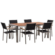 Set da pranzo da giardino con piano in legno di eucalipto chiaro e struttura in acciaio 180 x 90 cm con 6 sedie nere