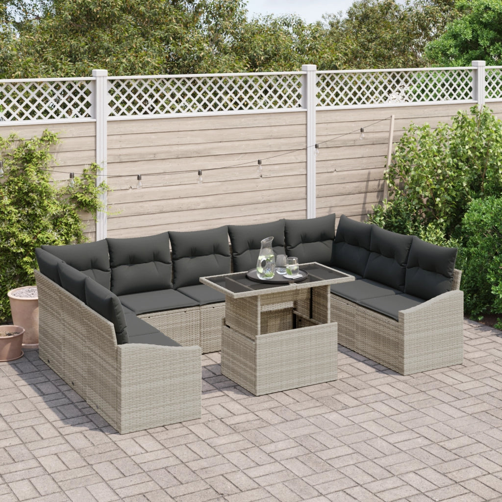 Set di divani da giardino da 10 pezzi con cuscini grigio chiaro in polyrattan