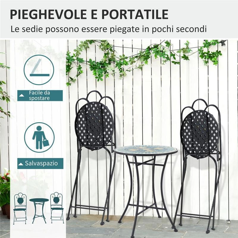 SET DA GIARDINO CON 2 SEDIE PIEGHEVOLI E TAVOLINO A MOSAICO VERDE E GIALLO