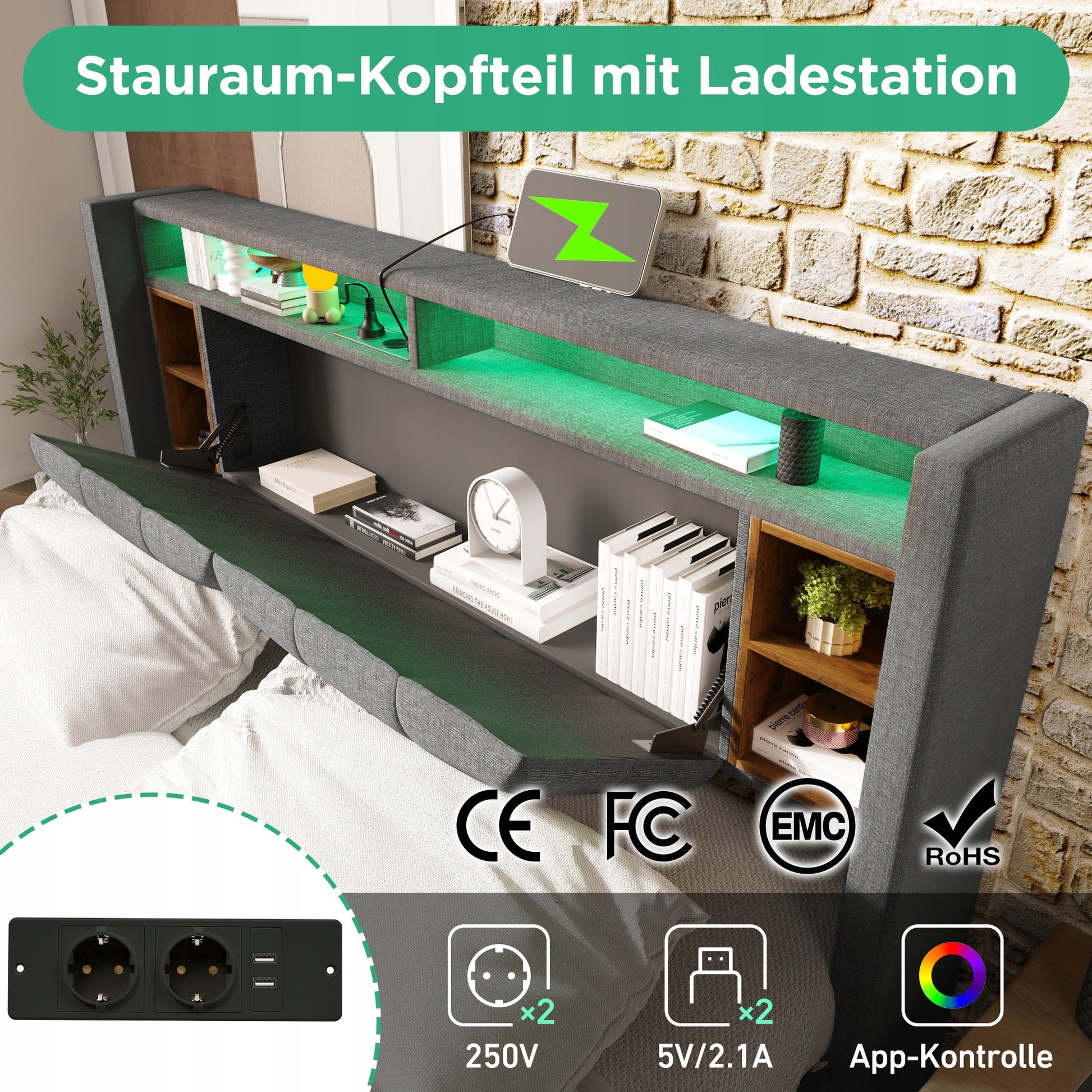 Letto imbottito 140x200 grigio con USB e LED - Xylo