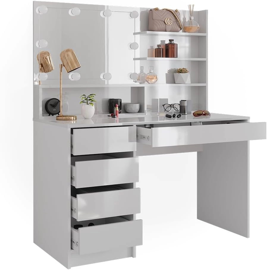 Tavolo da toeletta Sherry, Bianco, 120 cm con illuminazione a LED e ripiano a specchio, per l'organizzazione di cosmetici e accessori