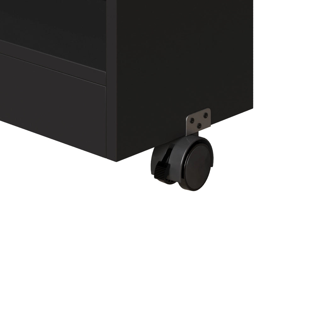 Bancone bar 135-205x39x100 cm con LED; ruote e vano contenitore in MDF nero