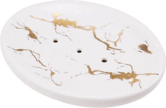 Ovale contenitore per sapone, piccolo contenitore per sapone, ceramica, contenitore per sapone, doccia con scarico, contenitore per sapone elegante, finitura marmo, senza fori, per cucina, doccia, bagno, lavabo, bianco crema