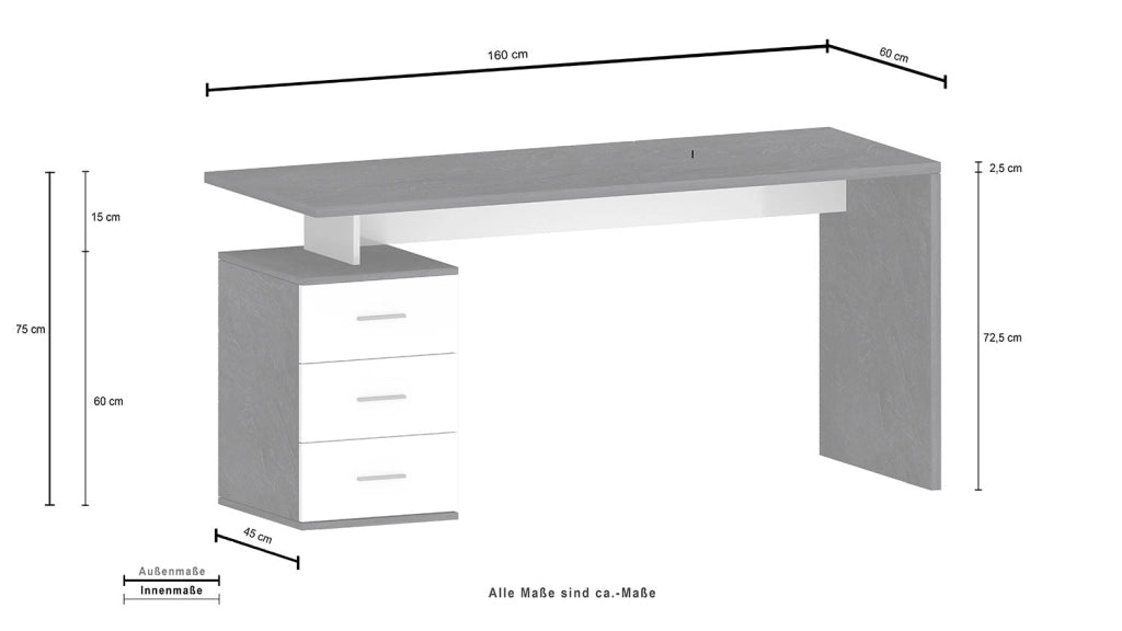 Scrivania 3 Cassetti 160x60x75 cm New Selina Bianco Lucido/Report Grigio