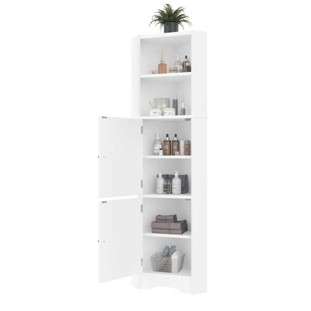 Mobile bagno angolare triangolare in MDF con finitura laccata, 2 ante, 2 ripiani aperti e divisori regolabili, bianco