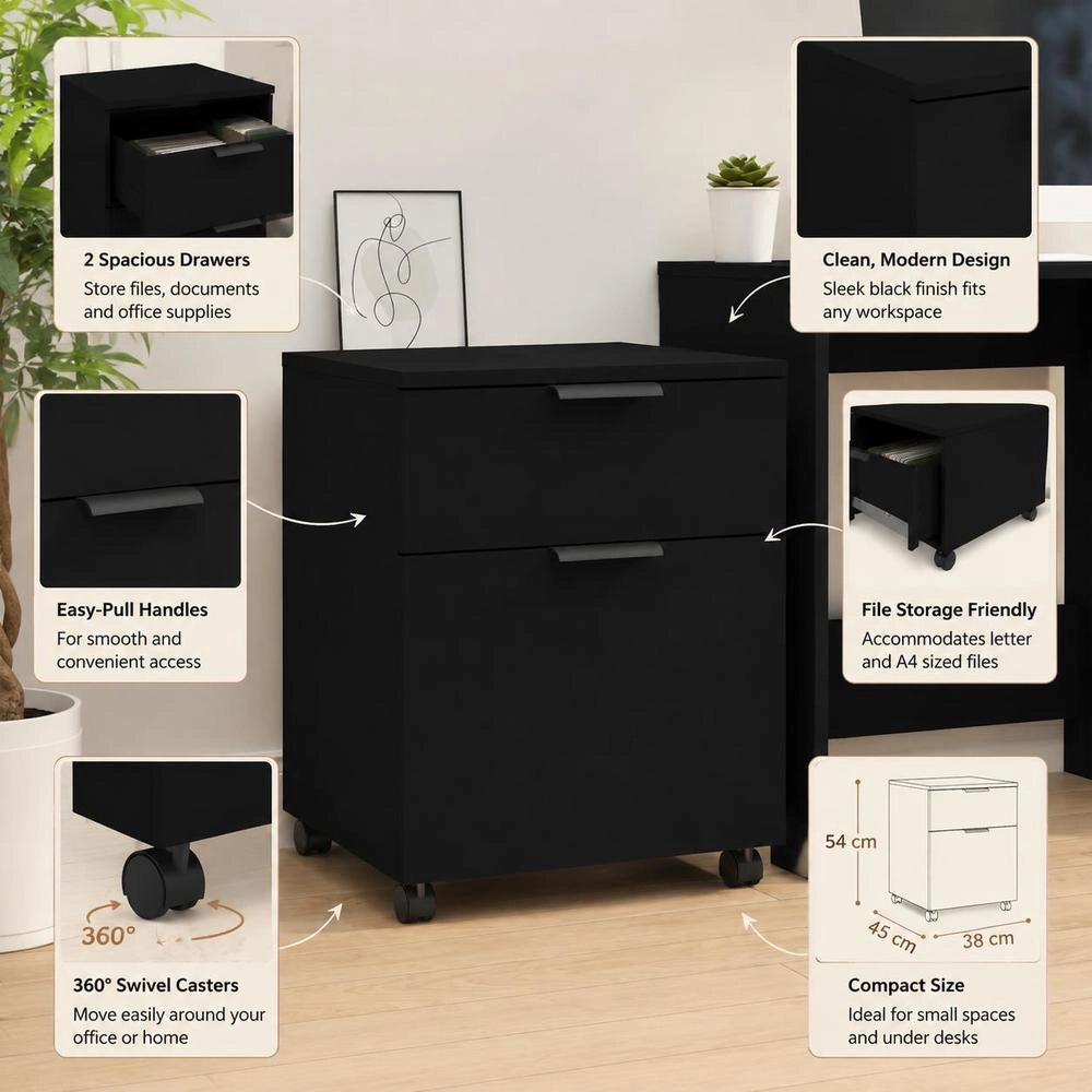 Mobile Filing Cabinet With Wheels, Black, 45x38x54 Cm