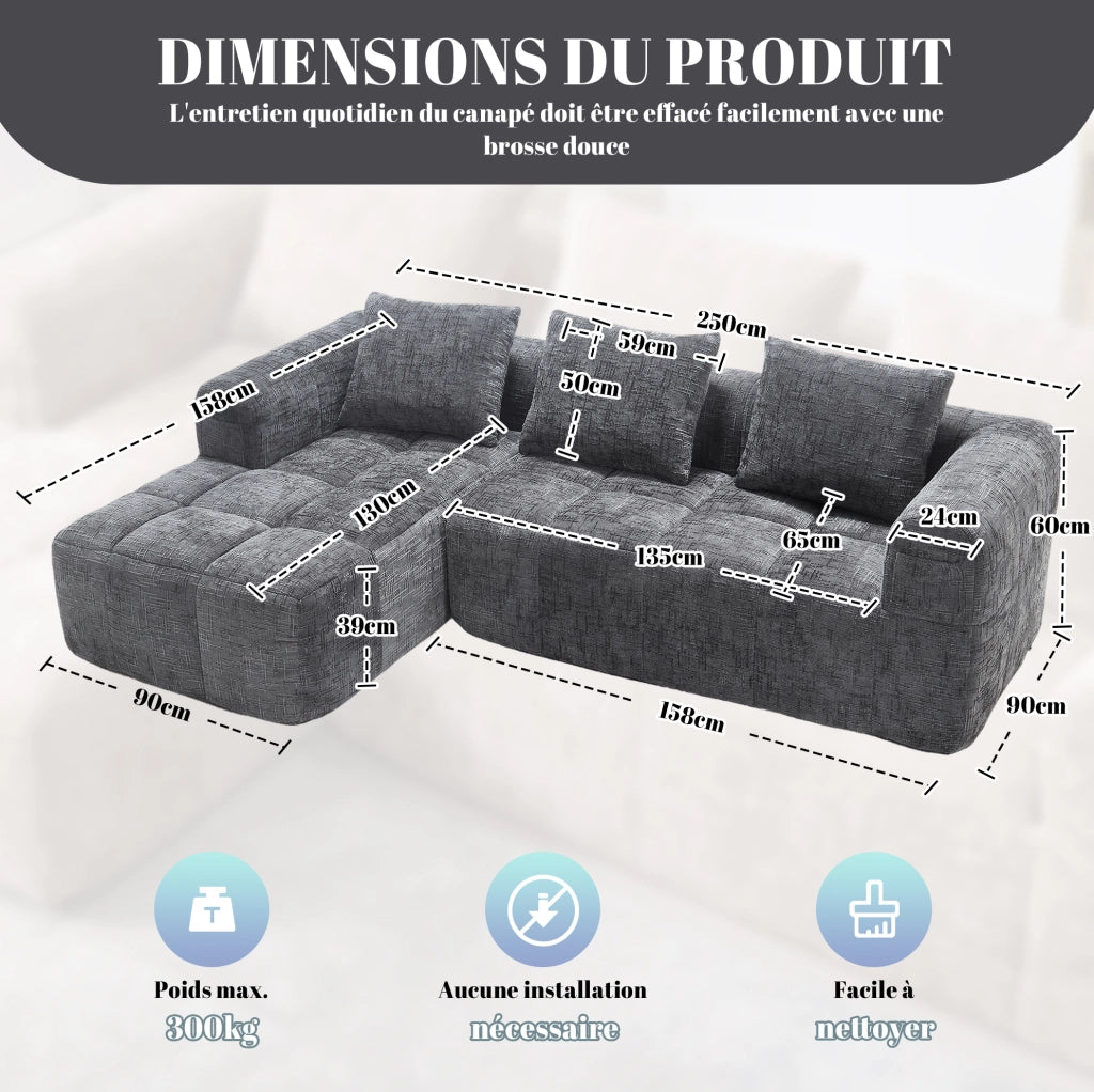 Divano modulare con chaise longue in chenille grigio; 250x158x60 cm; con tasche laterali