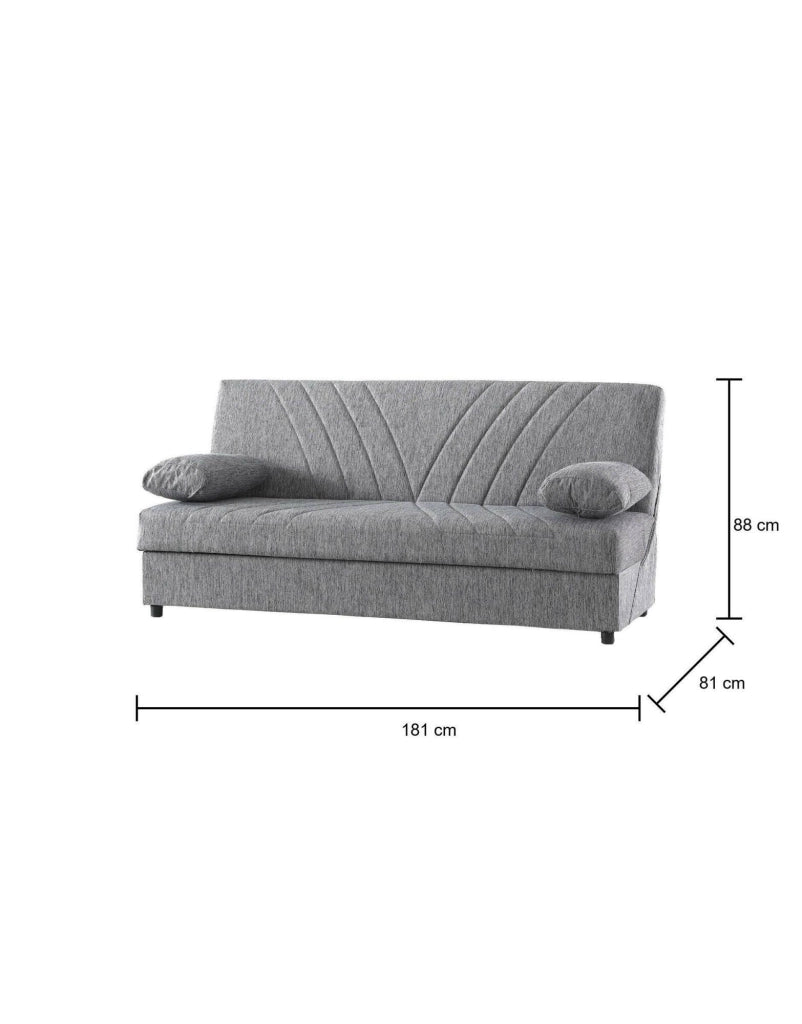 Divano letto Apicella, Divano letto contenitore a 3 posti con 2 cuscini inclusi, SofÒ  da soggiorno in tessuto imbottito con apertura click-clack, Cm 181x81h88, Grigio