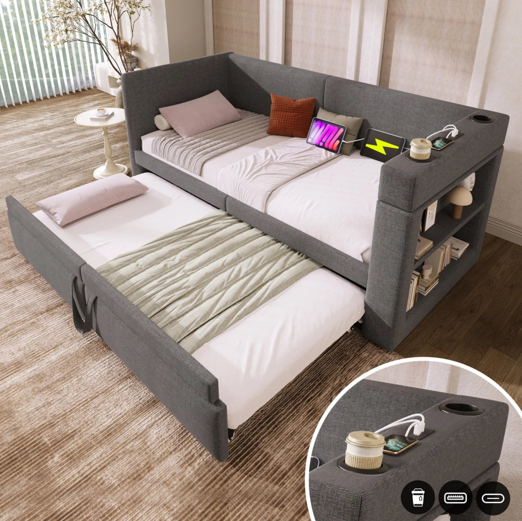 Divano letto ULEVR 90x200 cm con letto estraibile, USB, Type-C e portabicchieri, grigio