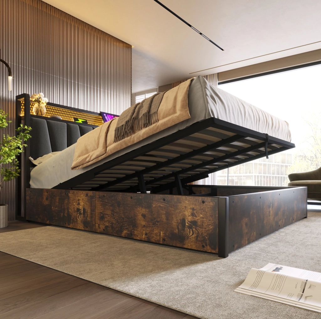 Letto matrimoniale 180x200 cm con LED; USB e contenitore; grigio