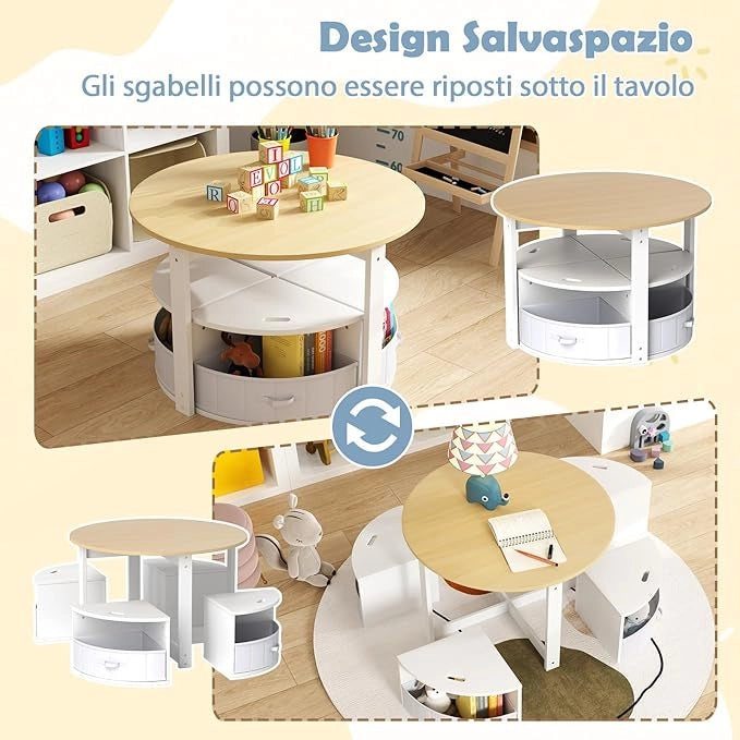 Set Tavolo e Sedie per Bambini a 5 Pezzi, Tavolino Rotondo Salvaspazio con 4 Sgabelli, Ripiano e 4 Cassetti in Tessuto, Set Mobili per Cameretta, Asilo e Disegnare (Naturale)