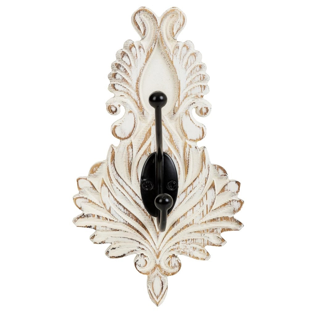 Appendiabiti da parete in legno bianco intagliato 11,5x8,5x20,5h