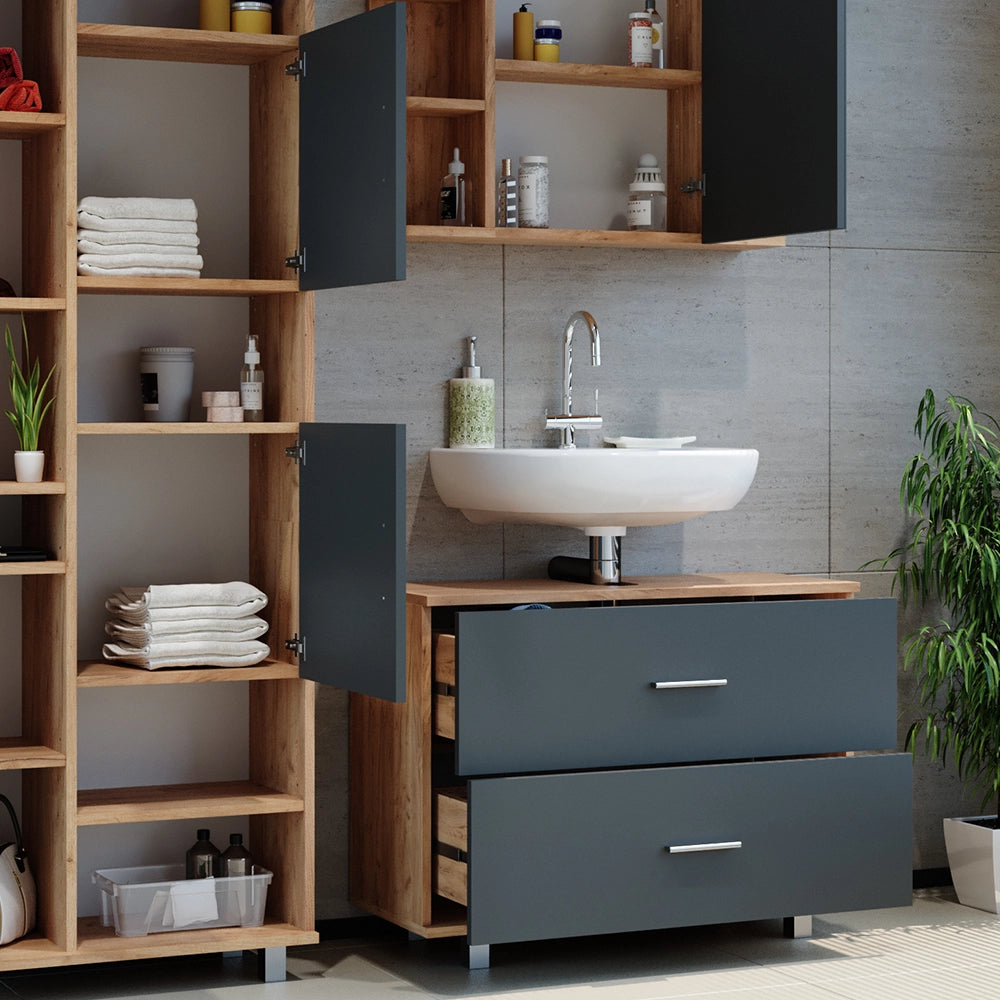 Vicco Set mobili bagno Antracite/quercia dorata 3 parti, con colonna