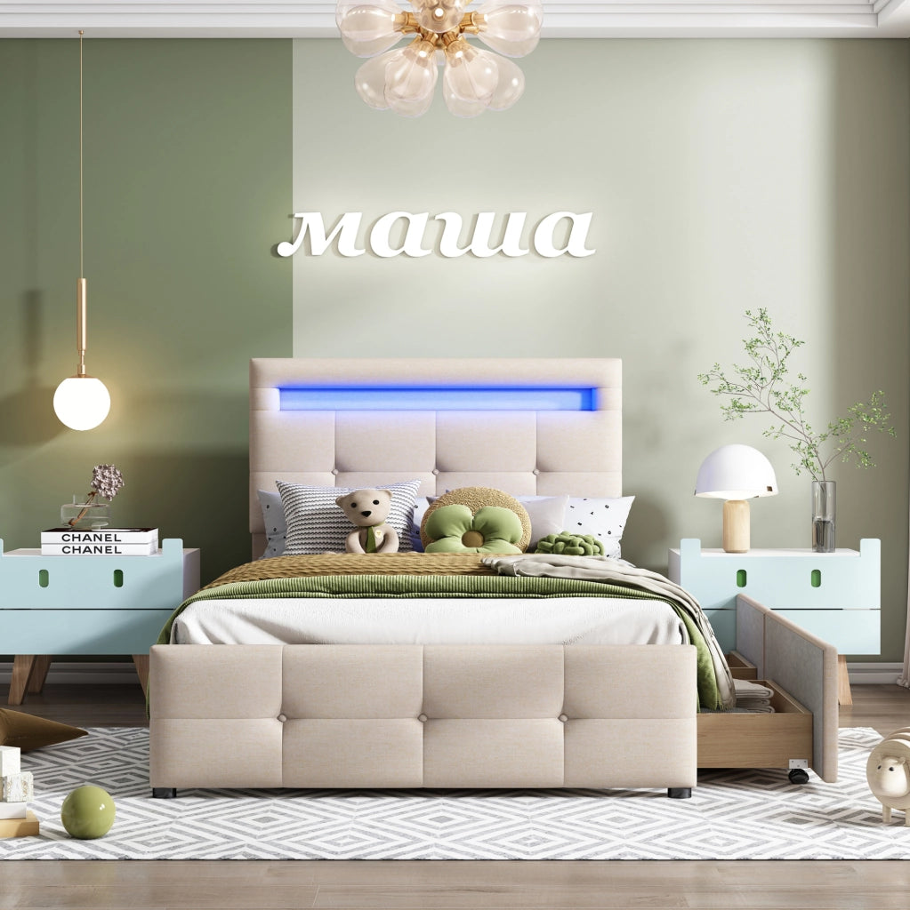 Letto imbottito beige 90 x 200 cm con LED, 2 cassetti e testiera regolabile