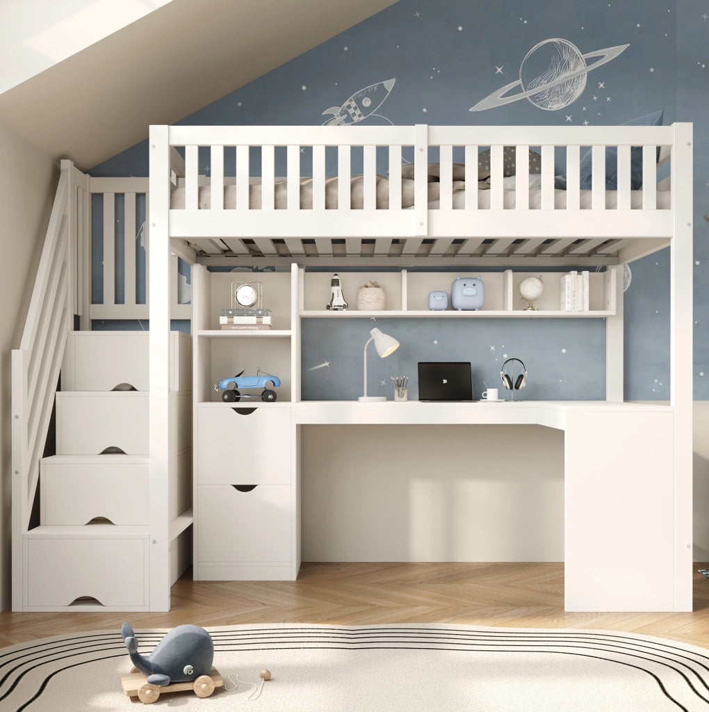 Letto a soppalco 90x200 cm bianco con scala contenitore e scrivania angolare