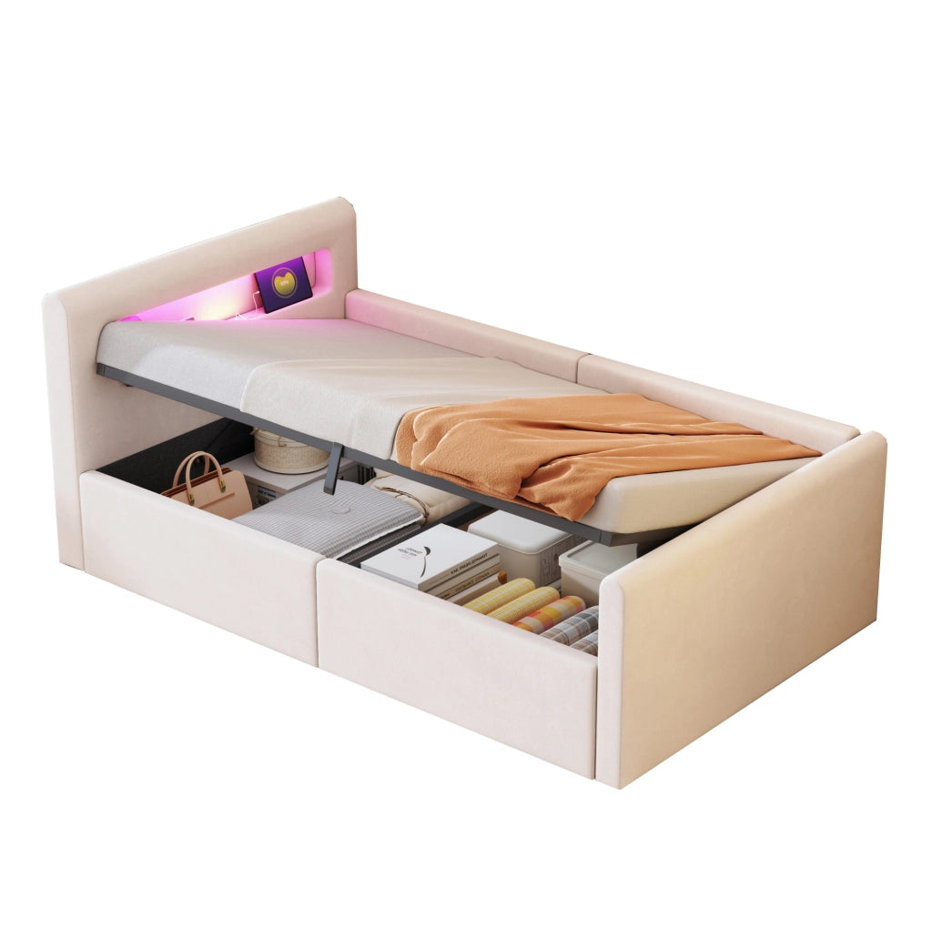 Letto imbottito per bambini 90x200 cm in velluto beige con LED; USB e contenitore idraulico