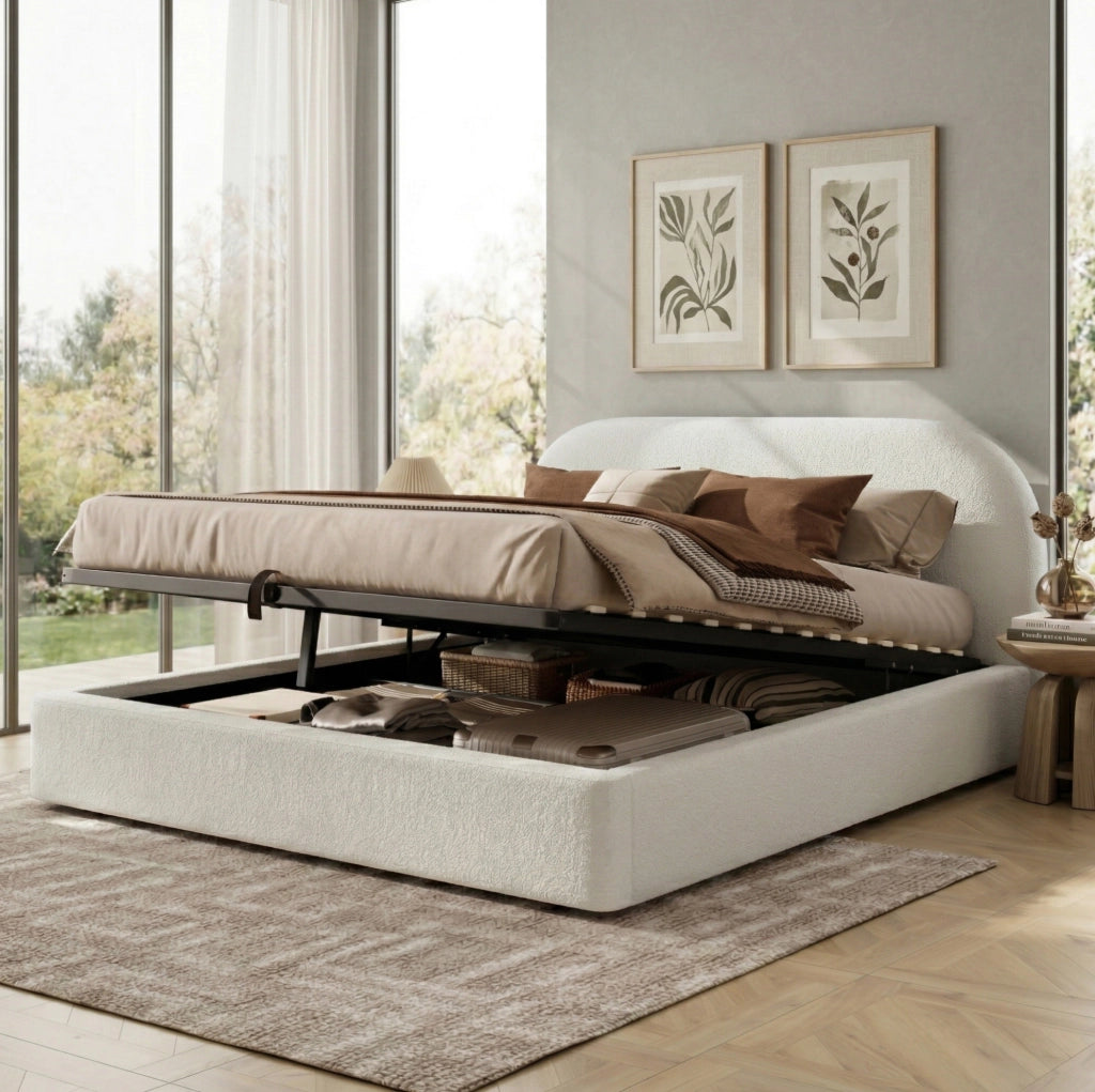 Letto imbottito contenitore beige in bouclé