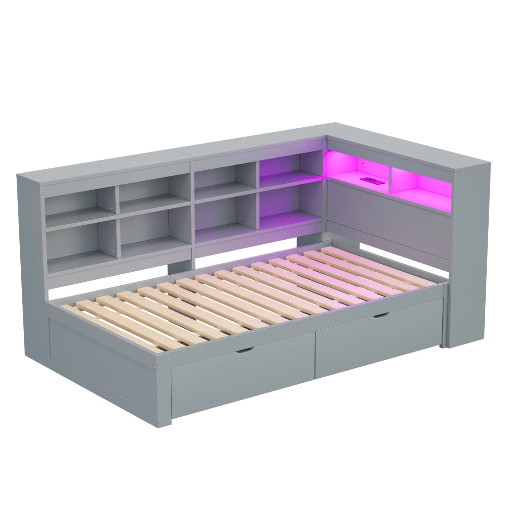 Letto singolo 90x200 con contenitore; USB e luci LED; struttura grigia in legno