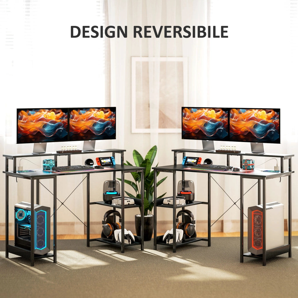 Scrivania per PC 120x 50x89,5 cm Reversibile con Prese Elettriche Luci e Supporto Monitor Nero