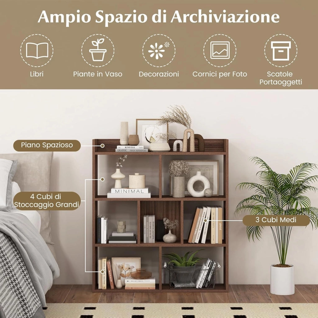 Libreria a Cubi con 7 Scomparti, Mensola Espositiva per l'Archiviazione, Libreria in Legno con Dispositivi Anti-Ribaltamento, per Studio Soggiorno, 80x20x90 cm (Marrone)