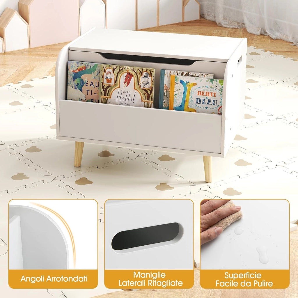 Cassapanca Portaoggetti per Bambini, con Libreria, Organizer per Giocattoli con 4 Gambe in Legno Massello e Coperchio Ribaltabile, per Sala Giochi e Asilo, 60x40x43 cm (Bianco)