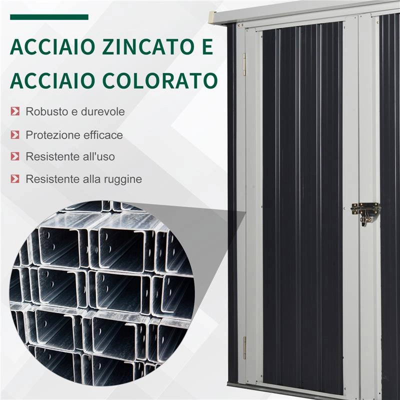 CASETTA DA GIARDINO IN ACCIAIO CON DOPPIA PORTA 147 X 86 X 134 CM NERO E BIANCO
