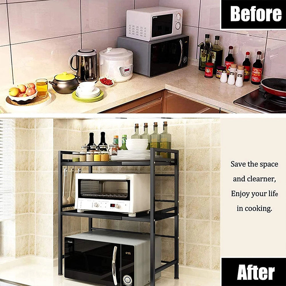 Scaffale Porta Microonde Allungabile 2 Ripiani Mensola da Cucina in Metallo Nero