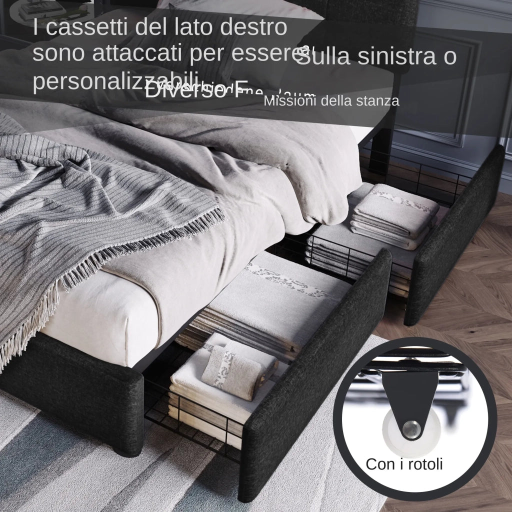 Letto singolo imbottito 90x200 cm con LED; 2 cassetti; testiera regolabile e rete a doghe; nero