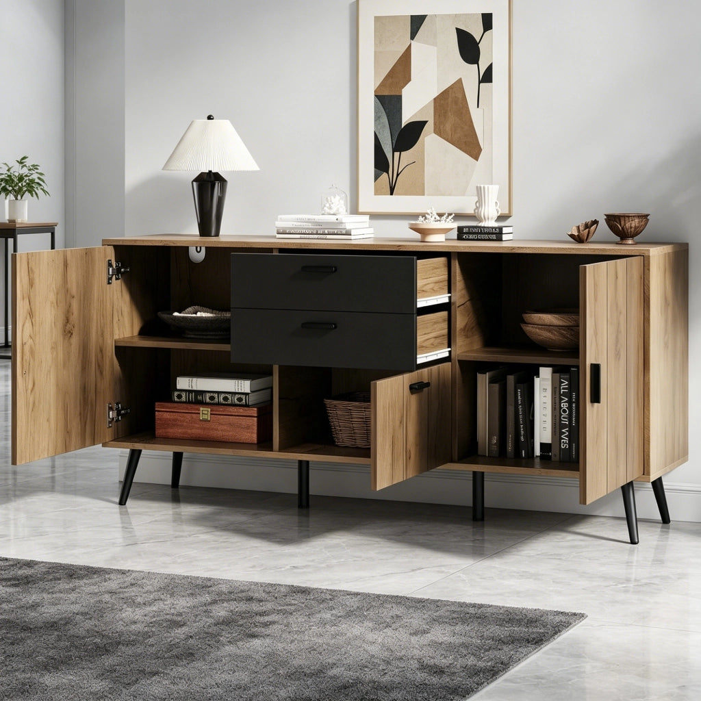 Sideboard 140x35x67 cm con 2 cassetti e 3 ante in MDF nero e naturale