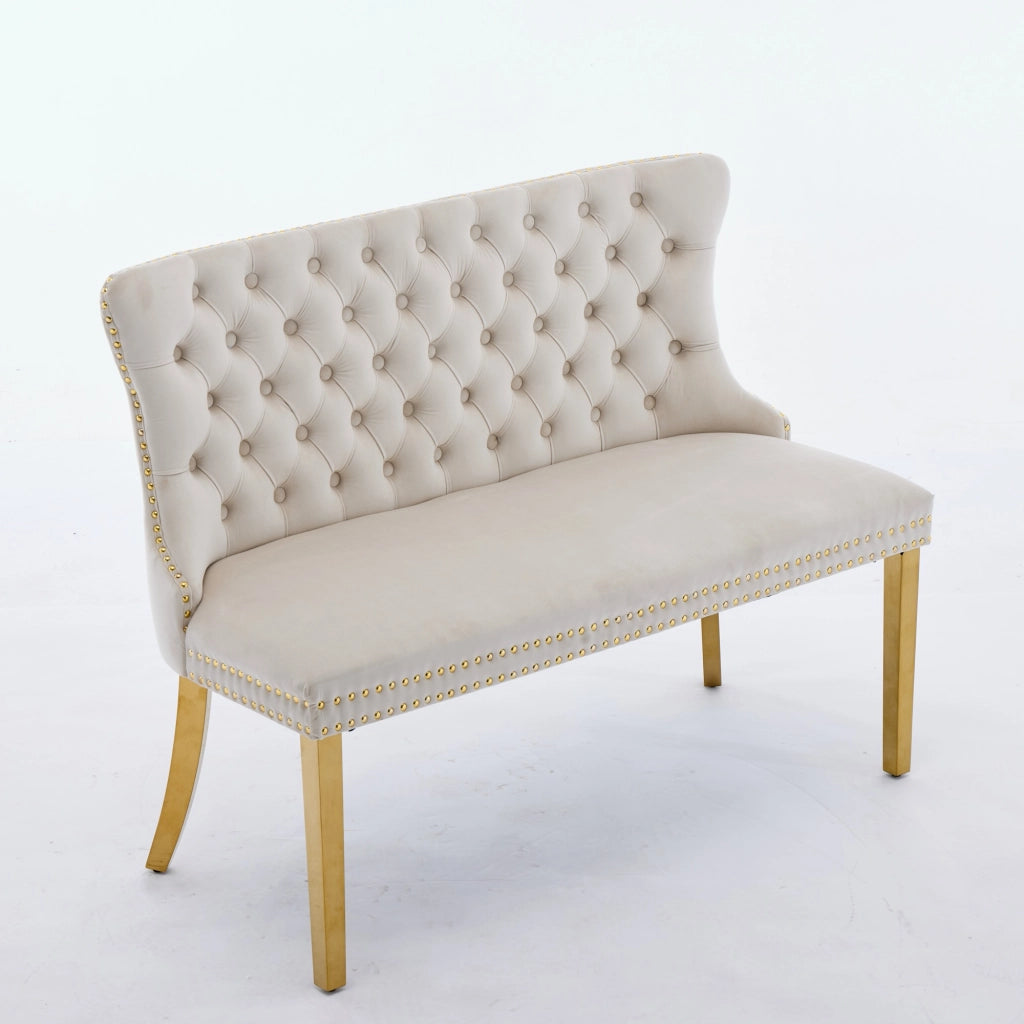 Panchina 2 Posti Imbottita in Velluto ¨C MINIMAL ¨C Beige, Gambe Dorate, Design Moderno