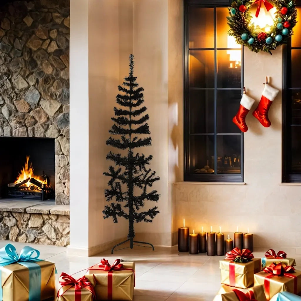 Albero Natale Artificiale Sottile a MetÃ  e Supporto Nero 150 cm
