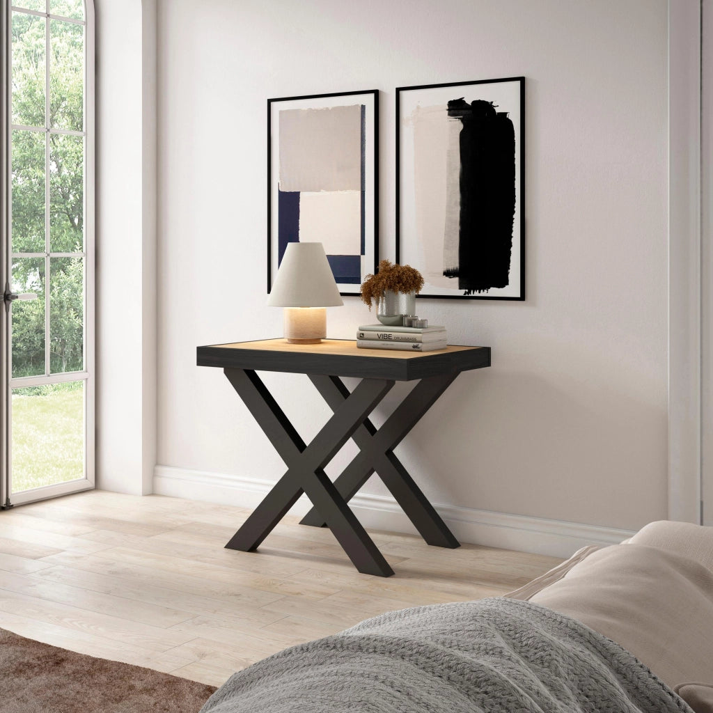 Consolle allungabile, 58 fino 180x90x73cm, Per 8 persone, Gambe in legno, colore Rovere e nero RF2763