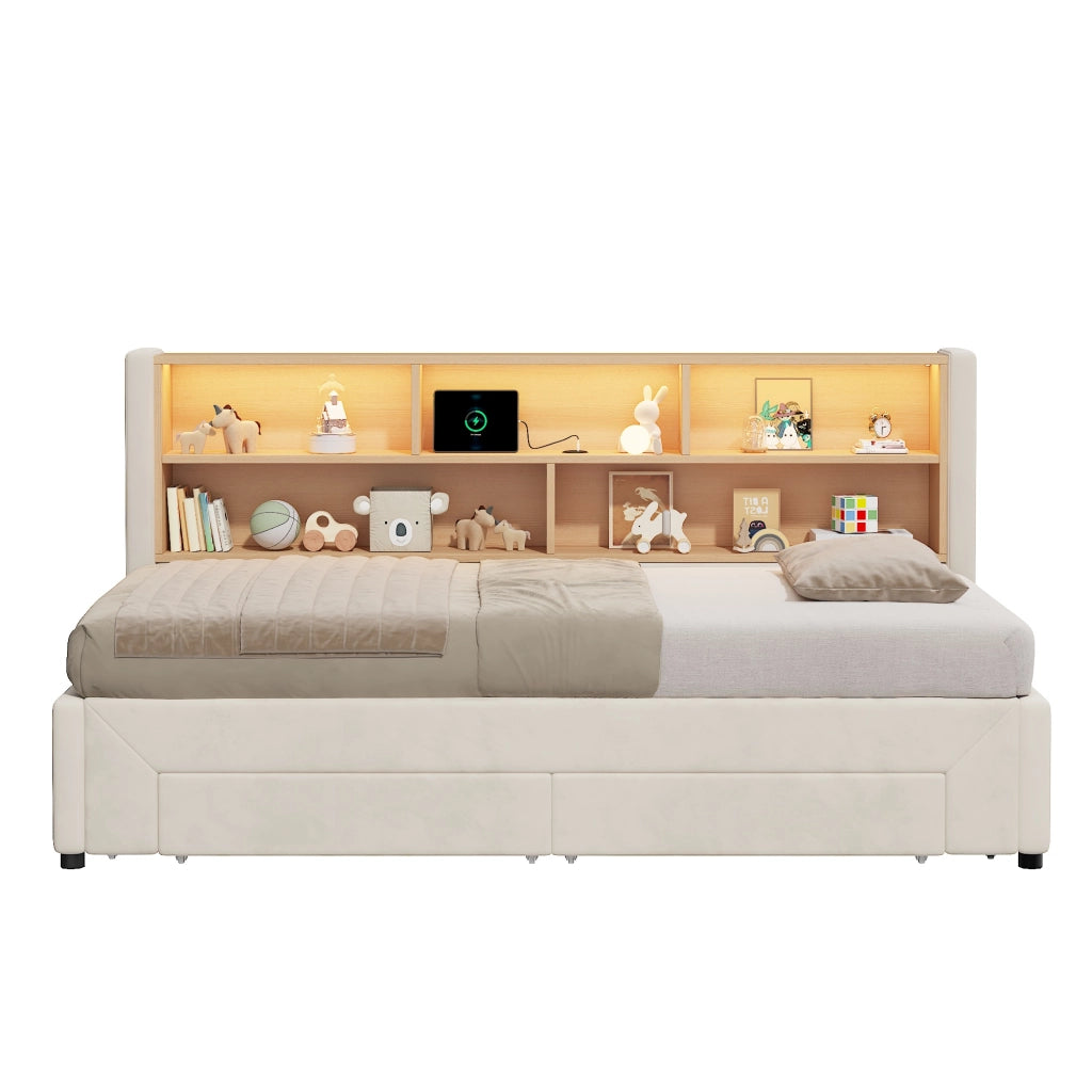 Letto imbottito estraibile 90x200 cm in velluto beige con cassetti; USB e LED