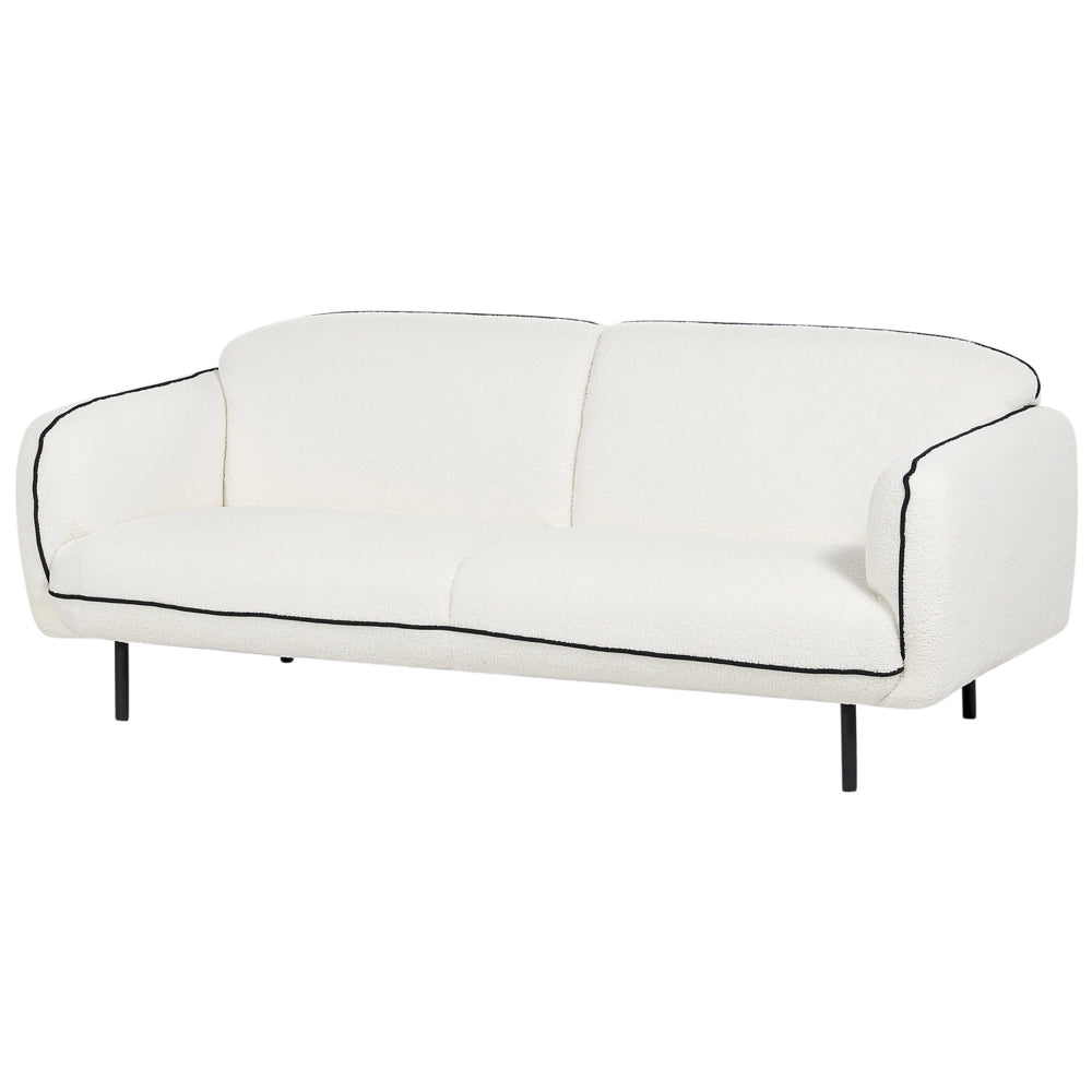 Divano a 3 posti Tessuto boucle bianco Morbido Nubby Gambe in metallo Bordi decorativi neri Stile retro Glam Art Decor