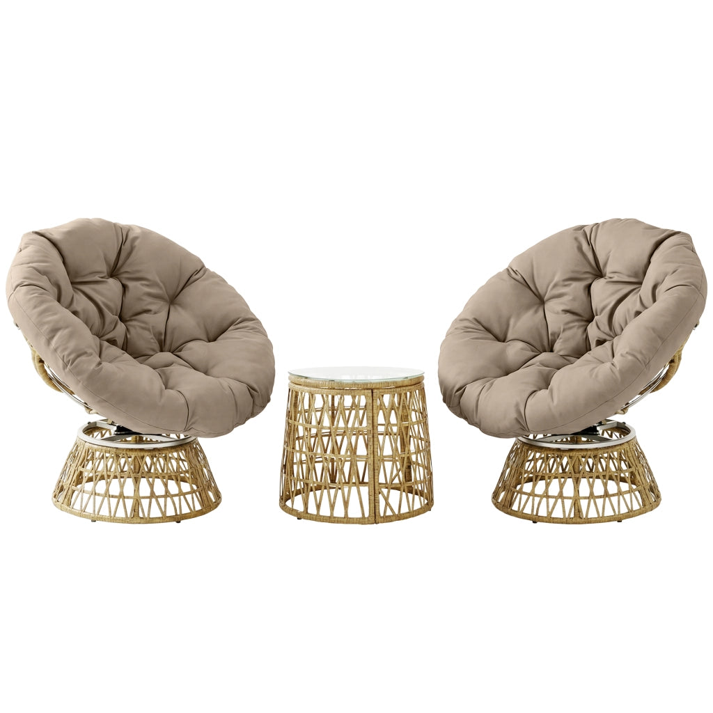 Set da giardino 3 pezzi con 2 poltrone papasan girevoli e 1 tavolino tondo in resina poliestere intrecciata ¨C zephmum ¨C grigio