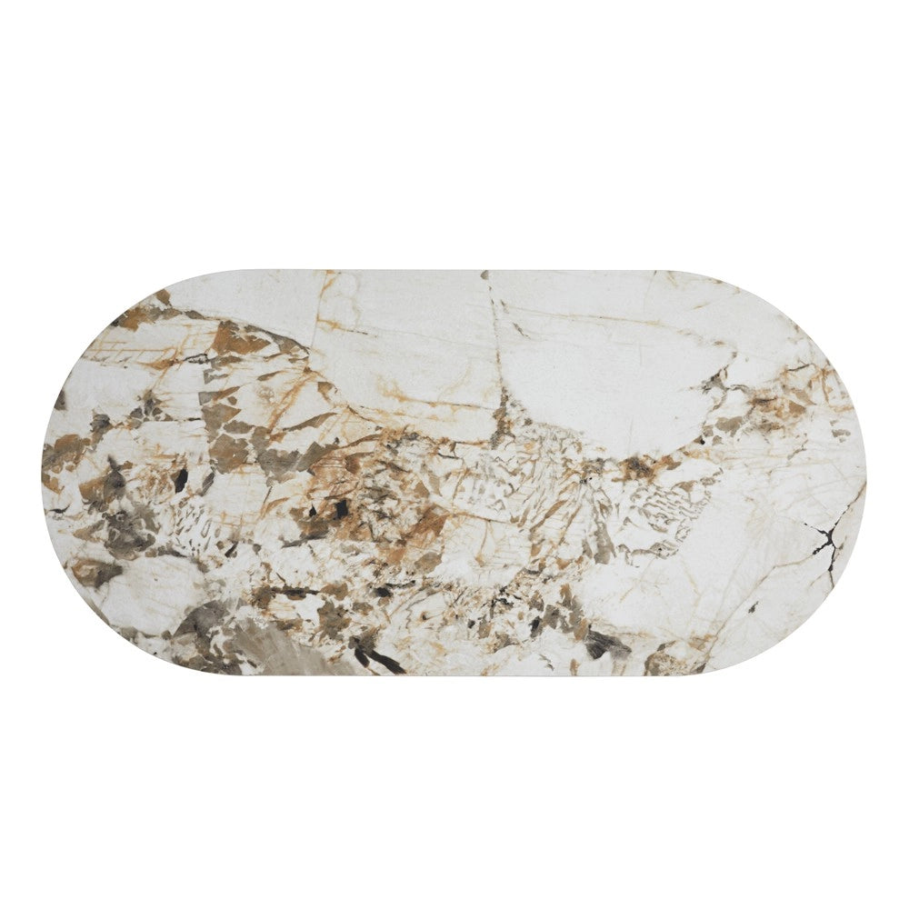 Tavolo Ovale Nordico 200x100 con Piano Effetto Marmo Bianco Arabesque e Base Rovere Naturale – Design Elegante