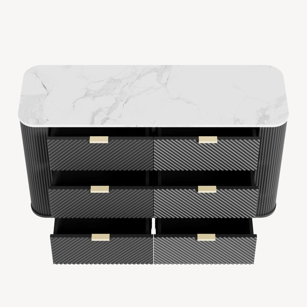 Comò a 6 Cassetti Olvehok Cassettiera 120 x 40 x 81 cm - Nero/Effetto Marmo Bianco [en.casa]
