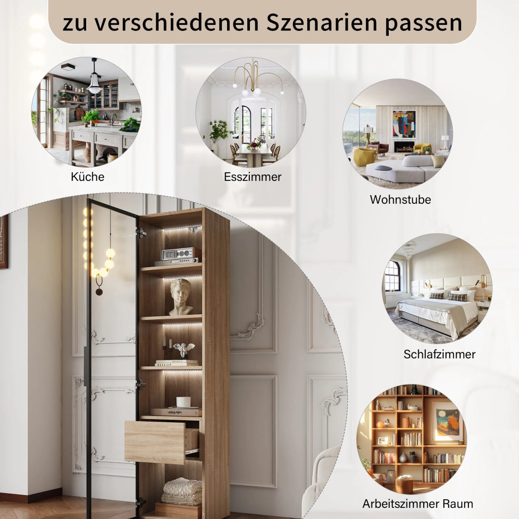 ARMADIO DA BAGNO con 1 cassetto e 1 anta in vetro temperato, MDF naturale