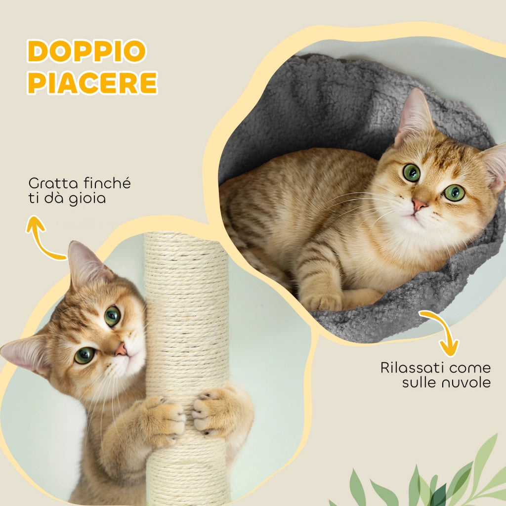 Tiragraffi per Gatti a Soffitto 220-240 cm ¨C Xylo ¨C con Amaca, Casetta, Piattaforme e Pali in Sisal, Grigio