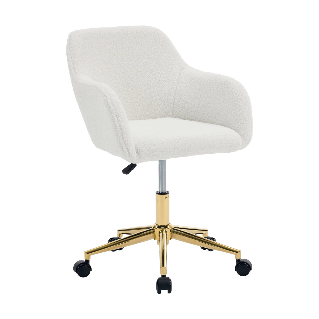 Sedia girevole da ufficio in tessuto Teddy color avorio, regolabile in altezza, con base dorata e ruote universali